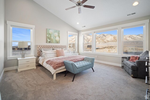 2558 Mountain Glen Rd, Erda, UT 84074 - bedroom with light colored carpet, baseboards, recessed lighting, a ceiling fan, and high vaulted ceiling
