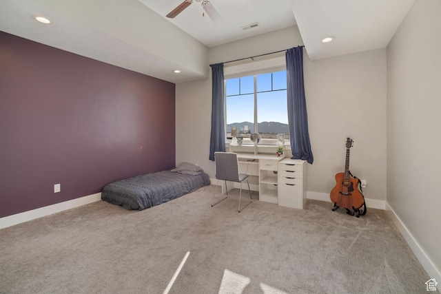 2558 Mountain Glen Rd, Erda, UT 84074 - bedroom featuring a ceiling fan, baseboards, light colored carpet, recessed lighting, and a mountain view