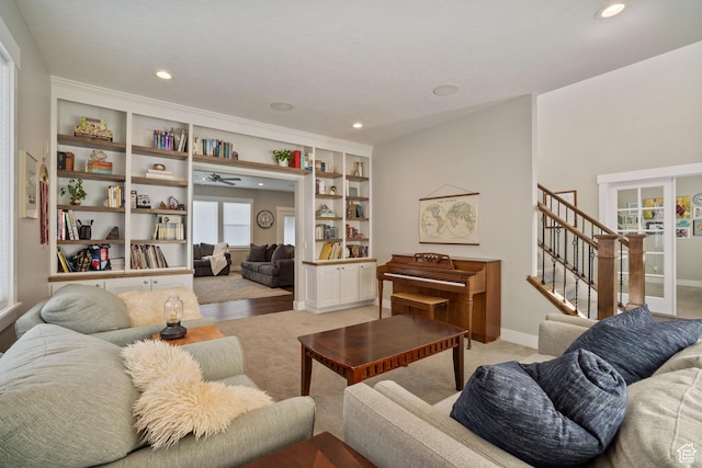 2558 Mountain Glen Rd, Erda, UT 84074 - living room with recessed lighting, stairway, baseboards, and ceiling fan