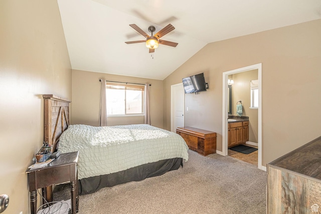 624 N 800 E, Wellsville, UT 84339 - bedroom with lofted ceiling, carpet floors, connected bathroom, a ceiling fan, and baseboards