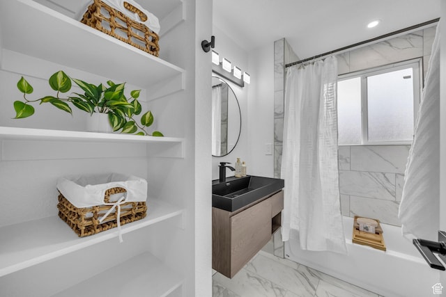 590 E 7th St, Ogden, UT 84404 - bathroom with vanity, shower / bath combo with shower curtain, recessed lighting, and marble finish floor