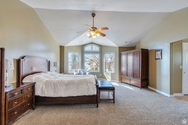 bedroom featuring baseboards, light carpet, a ceiling fan, visible vents, and lofted ceiling