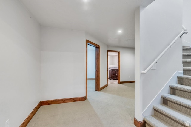 stairs featuring recessed lighting, carpet, and baseboards