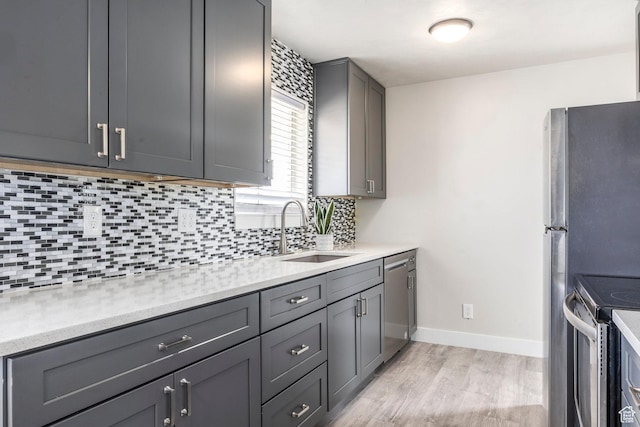 3061 W 13800 S, Bluffdale, UT 84065 - kitchen with gray cabinetry, a sink, tasteful backsplash, appliances with stainless steel finishes, and light countertops