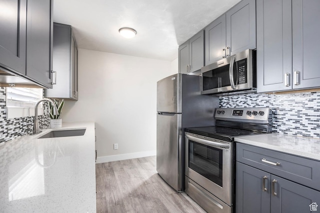 3061 W 13800 S, Bluffdale, UT 84065 - kitchen featuring gray cabinetry, light wood-style flooring, a sink, backsplash, and appliances with stainless steel finishes
