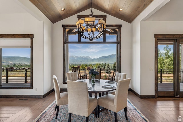 1075 N Oquirrh Mountain Dr Unit 64, Heber City, UT 84032 - dining area featuring a chandelier, a mountain view, wood-type flooring, lofted ceiling, and wood ceiling