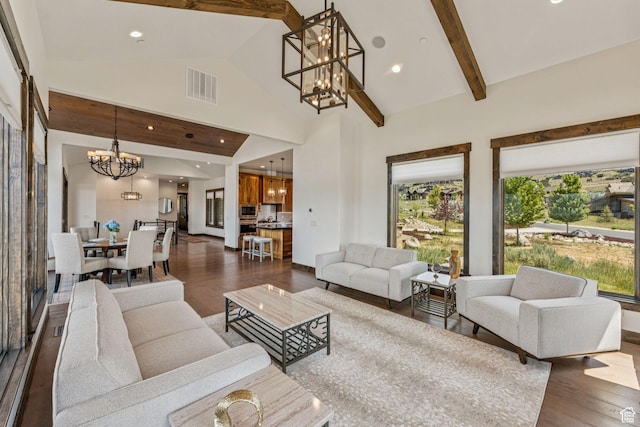 1075 N Oquirrh Mountain Dr Unit 64, Heber City, UT 84032 - living room with a chandelier, dark wood-style floors, recessed lighting, high vaulted ceiling, and beam ceiling