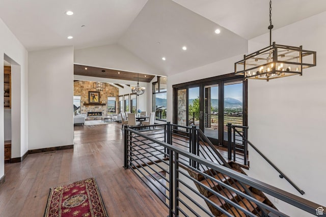 1075 N Oquirrh Mountain Dr Unit 64, Heber City, UT 84032 - corridor with an upstairs landing, a chandelier, lofted ceiling, recessed lighting, and wood-type flooring