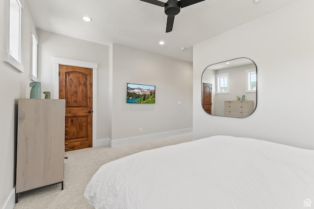 bedroom with recessed lighting, baseboards, carpet, and ceiling fan