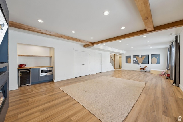 541 N 1400 E, Heber City, UT 84032 - interior space featuring wine cooler, beamed ceiling, stairs, recessed lighting, and light wood-style floors
