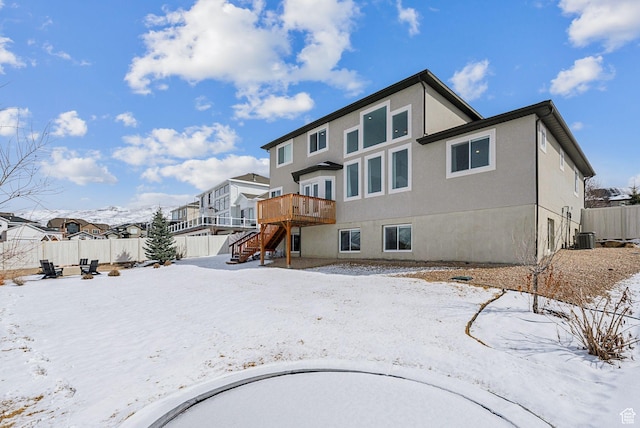 541 N 1400 E, Heber City, UT 84032 - snow covered rear of property featuring a deck, stairway, a fenced backyard, and stucco siding