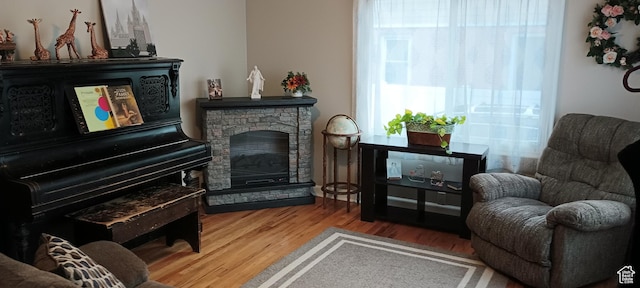 living area with wood finished floors and a stone fireplace