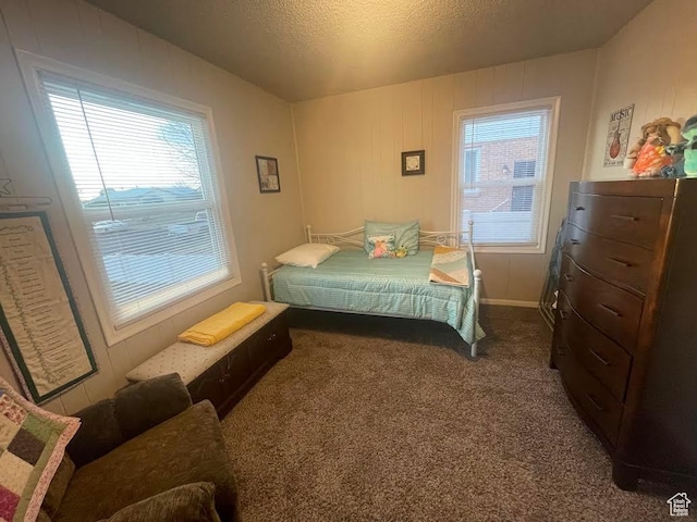 bedroom with carpet floors and a textured ceiling