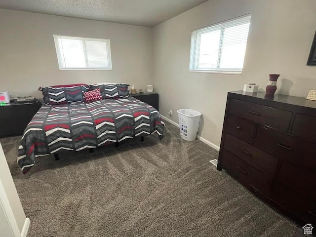 carpeted bedroom with multiple windows, baseboards, and a textured ceiling