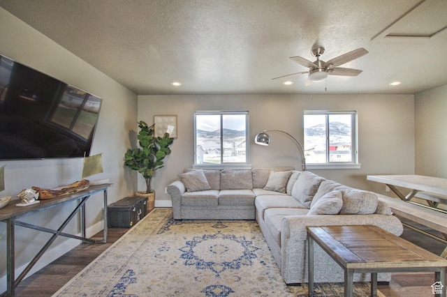 55 W Buttercup Ln Unit 24/23, Garden City, UT 84028 - living room with wood finished floors, a textured ceiling, baseboards, ceiling fan, and recessed lighting