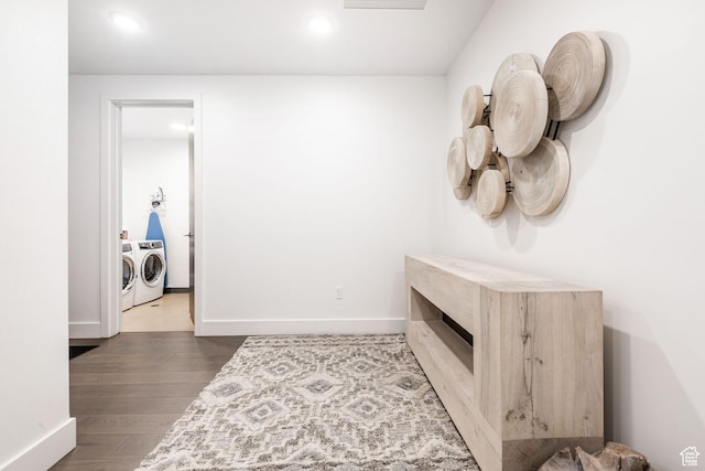 2752 W High Mountain Rd Unit 306, Park City, UT 84098 - interior space with washer and dryer, baseboards, wood finished floors, and recessed lighting