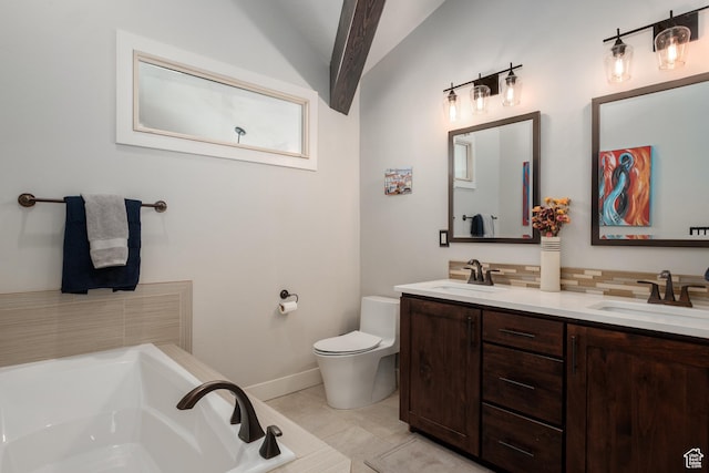 8077 Courtyard Loop Unit 11, Park City, UT 84098 - bathroom with double vanity, a garden tub, decorative backsplash, toilet, and baseboards