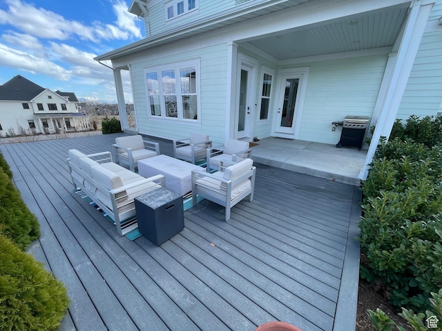 10887 S Lamond Dr, South Jordan, UT 84009 - wooden terrace featuring an outdoor living space and a grill