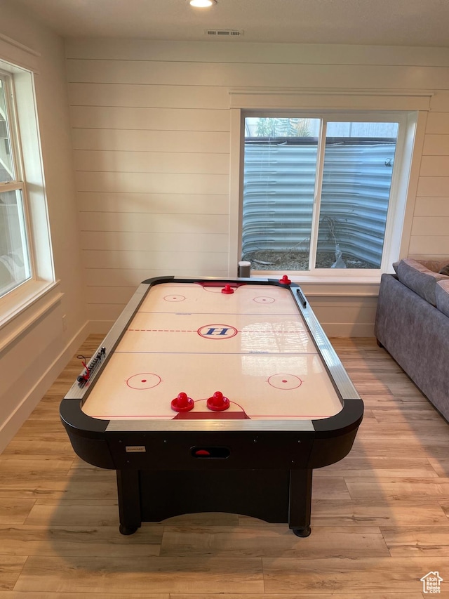 10887 S Lamond Dr, South Jordan, UT 84009 - game room with light wood-style floors, visible vents, and wood walls