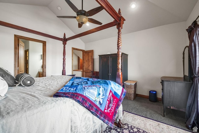 1056 W Lime Canyon Rd, Midway, UT 84049 - carpeted bedroom featuring ceiling fan, baseboards, and lofted ceiling