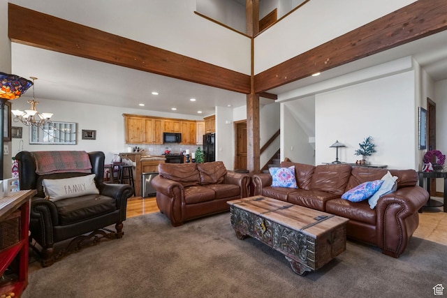 1056 W Lime Canyon Rd, Midway, UT 84049 - living area featuring recessed lighting, light carpet, stairs, a notable chandelier, and beam ceiling