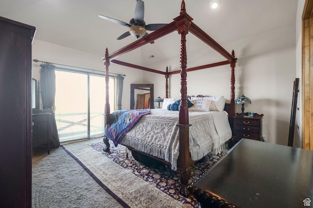 1056 W Lime Canyon Rd, Midway, UT 84049 - bedroom featuring carpet, access to outside, vaulted ceiling, and a ceiling fan