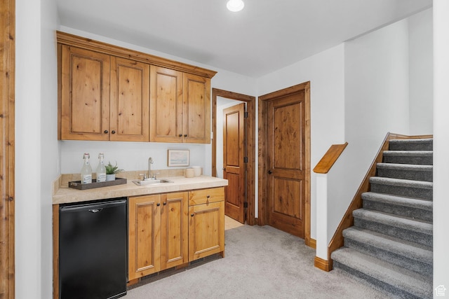 1056 W Lime Canyon Rd, Midway, UT 84049 - kitchen featuring dishwasher, light countertops, light carpet, and brown cabinets