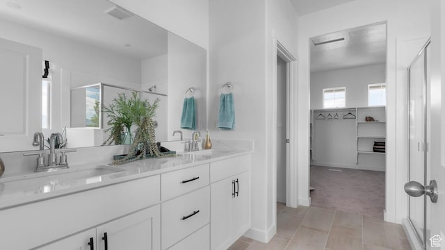 bathroom featuring a walk in closet, double vanity, a shower stall, and a sink