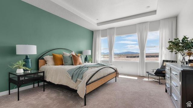 bedroom featuring light colored carpet, baseboards, and a tray ceiling