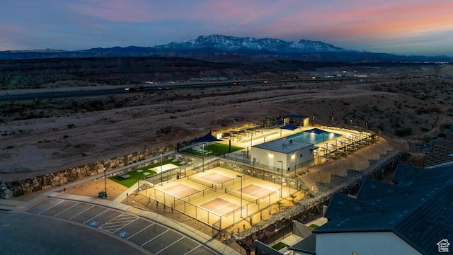 aerial view at dusk with a mountain view