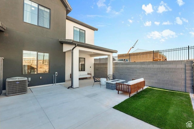view of patio / terrace featuring outdoor lounge area, central air condition unit, and fence
