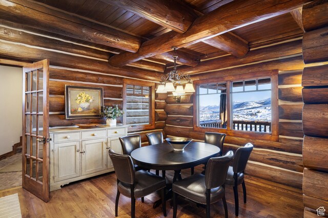 4115 Moose Hollow Loop, Park City, UT 84098 - dining room with wood finished floors, wood ceiling with exposed beams, a chandelier, and log walls