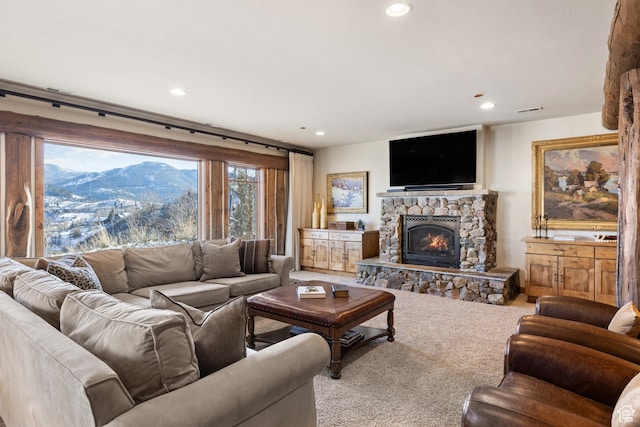 4115 Moose Hollow Loop, Park City, UT 84098 - carpeted living room with recessed lighting and a stone fireplace