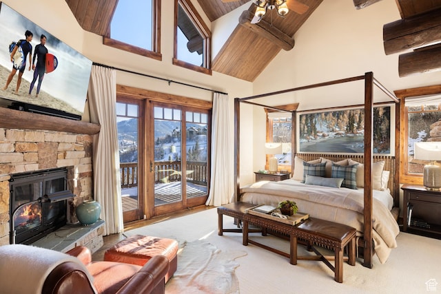 4115 Moose Hollow Loop, Park City, UT 84098 - bedroom featuring wood ceiling with exposed beams, high vaulted ceiling, access to outside, and a fireplace