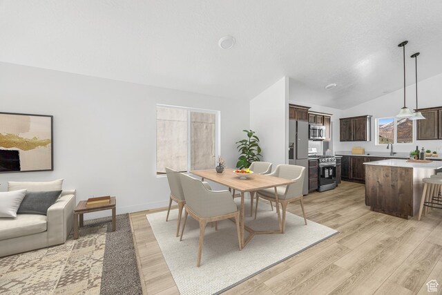 1667 S Marigold Way Unit 230E, Santaquin, UT 84655 - dining area featuring vaulted ceiling, light wood-type flooring, and a textured ceiling