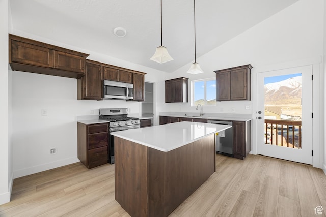 1667 S Marigold Way Unit 230E, Santaquin, UT 84655 - kitchen featuring dark brown cabinetry, light wood finished floors, a center island, and appliances with stainless steel finishes