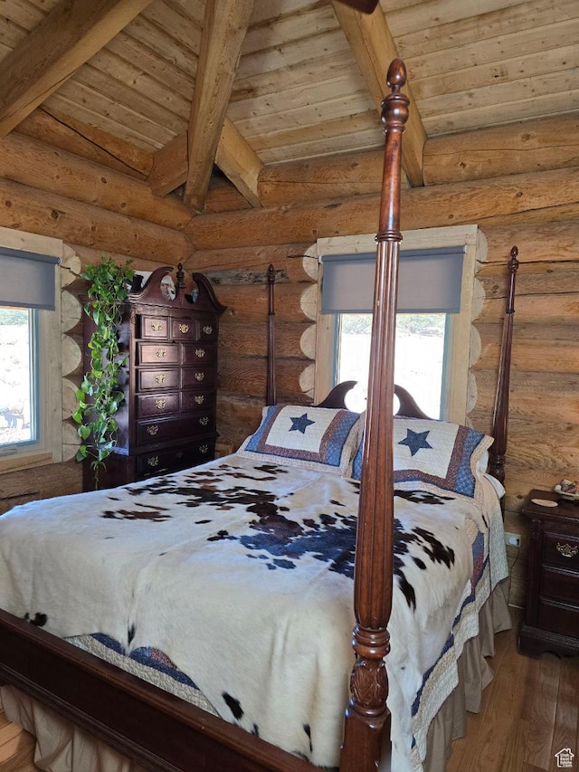 365 W Sleeping Rainbow Dr, Torrey, UT 84775 - bedroom featuring lofted ceiling with beams, wood finished floors, and wooden ceiling