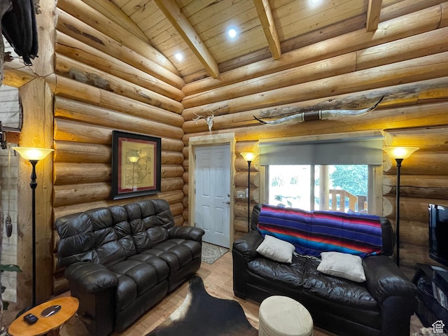 365 W Sleeping Rainbow Dr, Torrey, UT 84775 - living room featuring vaulted ceiling with beams, wood finished floors, rustic walls, and wood ceiling