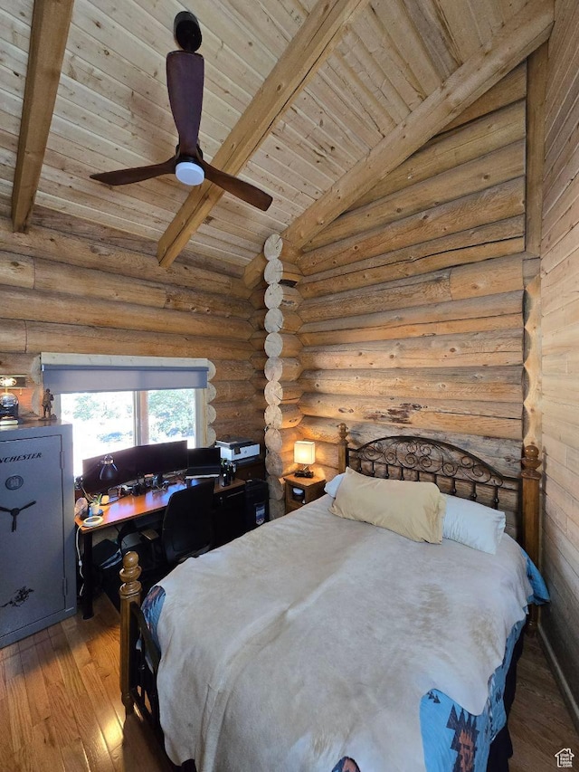 365 W Sleeping Rainbow Dr, Torrey, UT 84775 - bedroom featuring wood ceiling, vaulted ceiling with beams, wood-type flooring, log walls, and ceiling fan