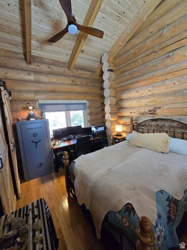 365 W Sleeping Rainbow Dr, Torrey, UT 84775 - bedroom with wood ceiling, vaulted ceiling with beams, rustic walls, and light wood-type flooring