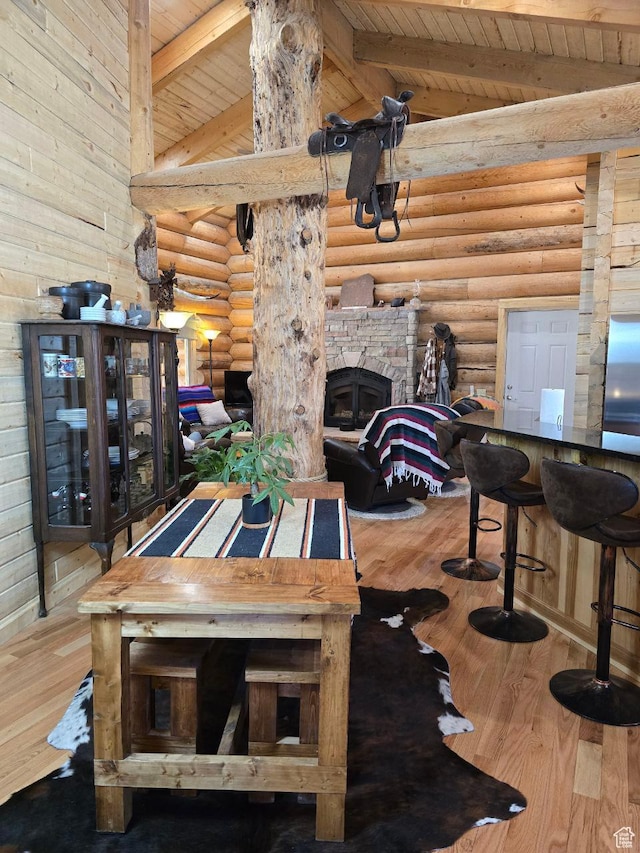 365 W Sleeping Rainbow Dr, Torrey, UT 84775 - dining room with wooden ceiling, high vaulted ceiling, log walls, beamed ceiling, and wood finished floors