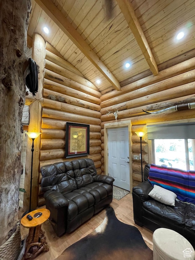 365 W Sleeping Rainbow Dr, Torrey, UT 84775 - living room featuring wooden ceiling, log walls, vaulted ceiling with beams, and wood finished floors