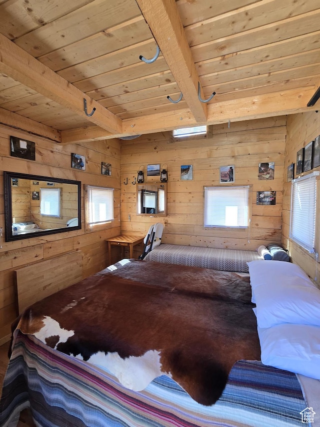 365 W Sleeping Rainbow Dr, Torrey, UT 84775 - bedroom featuring wood ceiling, wooden walls, and beamed ceiling