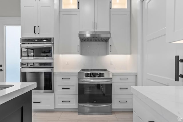 1036 E Fremont St, Washington, UT 84780 - kitchen featuring glass insert cabinets, under cabinet range hood, light stone counters, appliances with stainless steel finishes, and white cabinetry