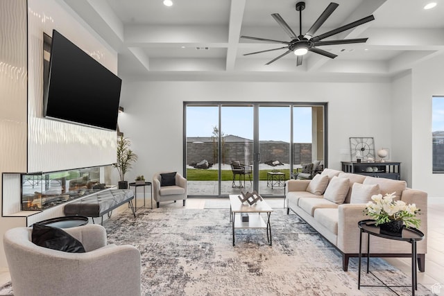 1036 E Fremont St, Washington, UT 84780 - living room with beam ceiling, recessed lighting, a towering ceiling, coffered ceiling, and a ceiling fan