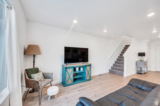 388 N Regatta Ln, Saratoga Springs, UT 84045 - living area featuring stairs, recessed lighting, wood finished floors, and baseboards