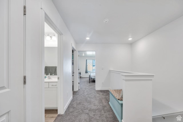 388 N Regatta Ln, Saratoga Springs, UT 84045 - hallway featuring recessed lighting, light colored carpet, baseboards, and an upstairs landing