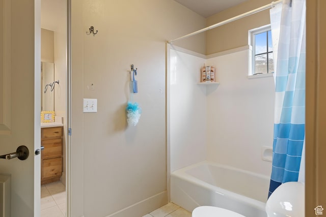 1035 E 300 S, Santaquin, UT 84655 - full bath featuring tile patterned floors, toilet, vanity, baseboards, and shower / bath combination with curtain
