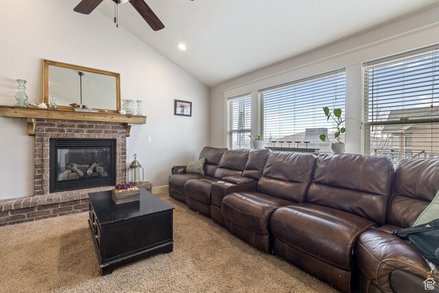 1035 E 300 S, Santaquin, UT 84655 - living area with lofted ceiling, ceiling fan, carpet, and a fireplace