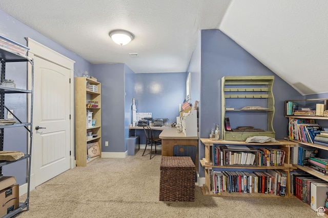 1035 E 300 S, Santaquin, UT 84655 - office area featuring lofted ceiling, baseboards, a textured ceiling, carpet floors, and visible vents